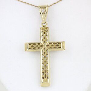 10k Yellow Gold Hollow Punched Cross Religious Pendant w/ CZ Cubic Zirconia